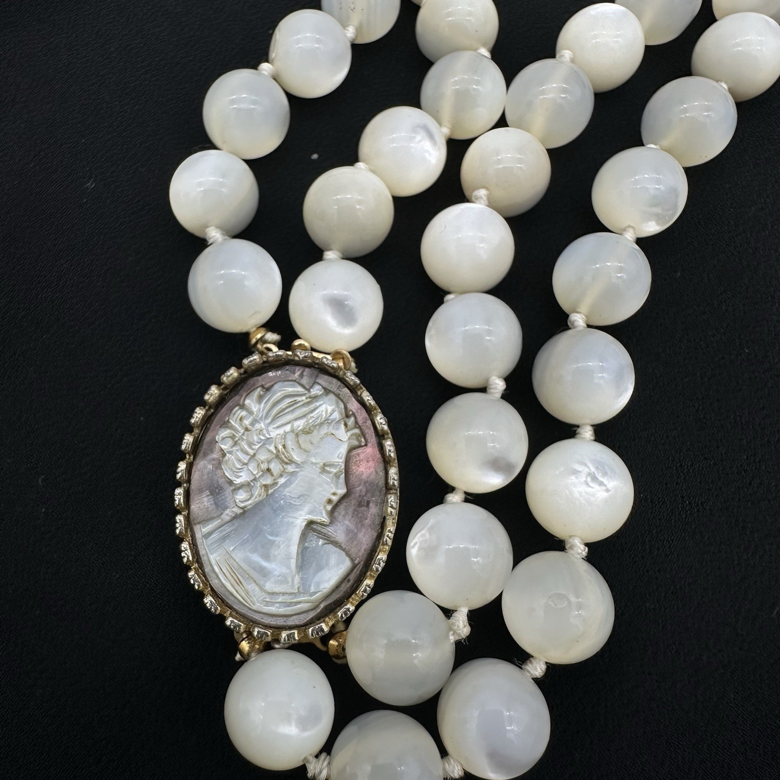 Antique Vtg Carved Cameo Necklace Double Strand Hand Knotted Mother Of Pearl 24"